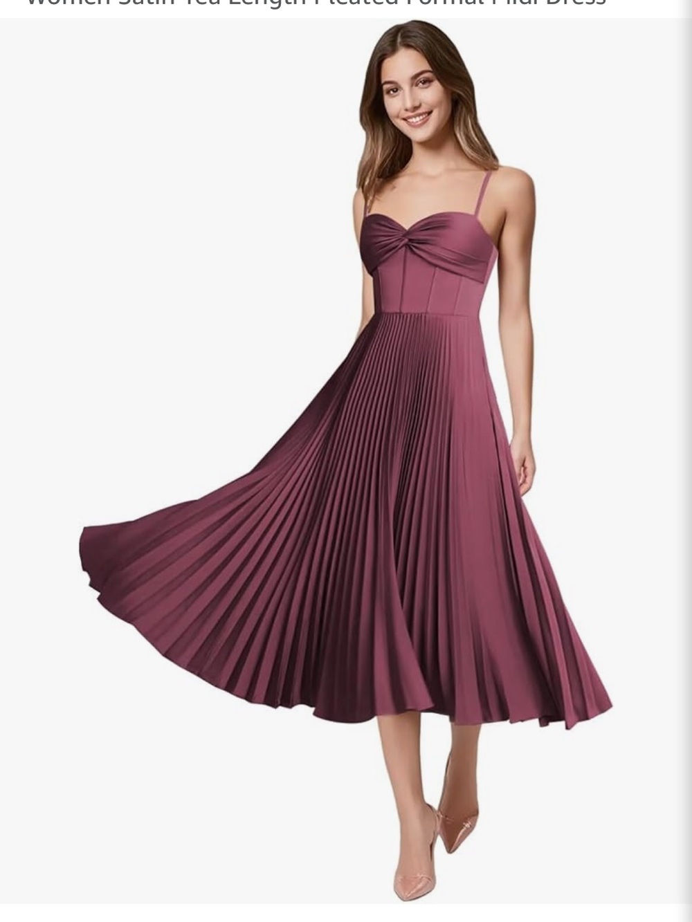 Spaghetti Strap Pleated Midi Dress in Plum